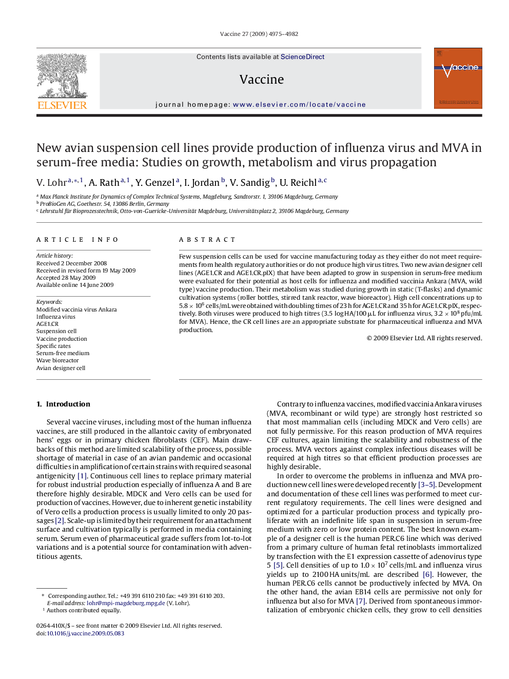 New avian suspension cell lines provide production of influenza virus and MVA in serum-free media: Studies on growth, metabolism and virus propagation