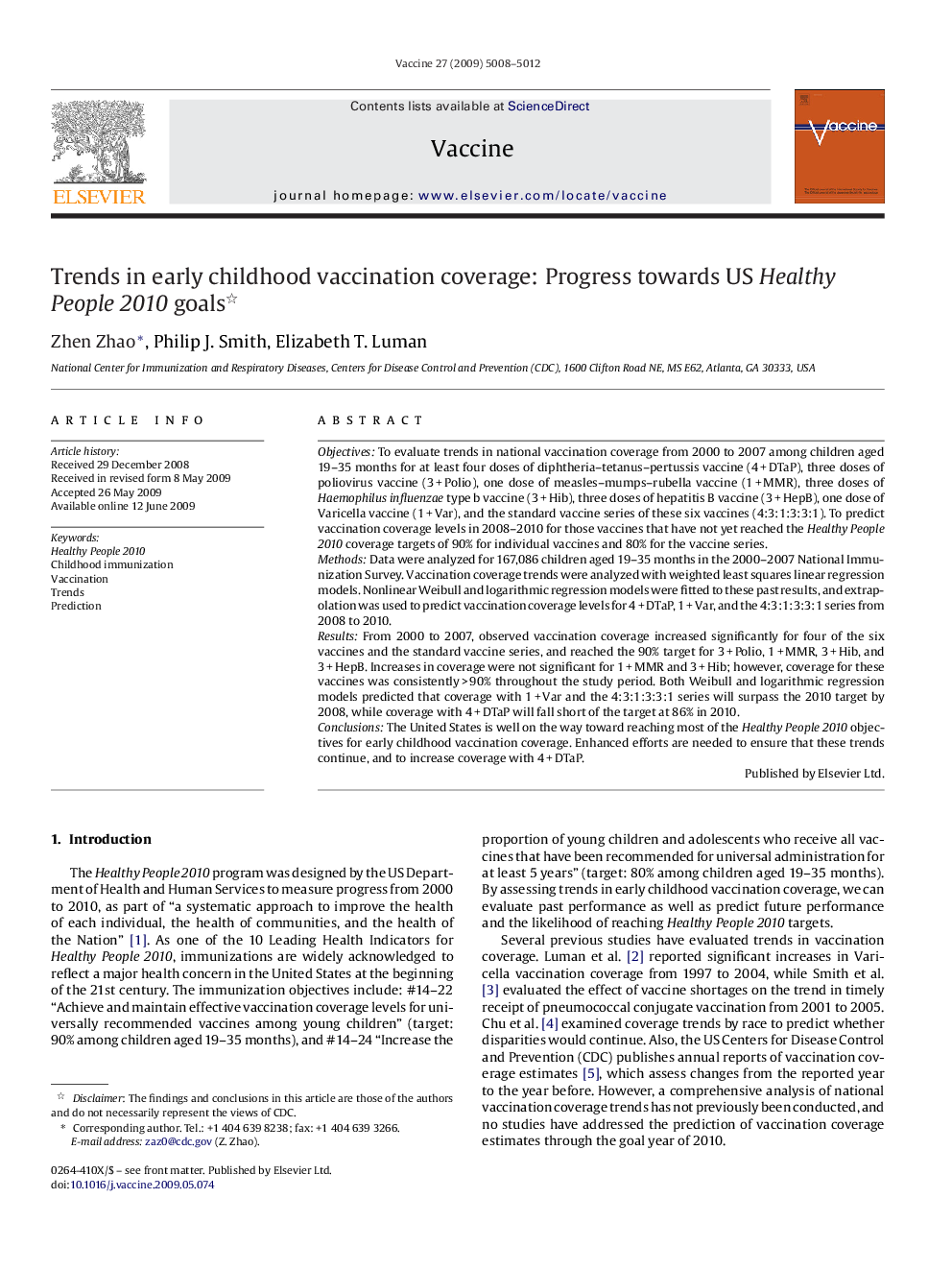 Trends in early childhood vaccination coverage: Progress towards US Healthy People 2010 goals