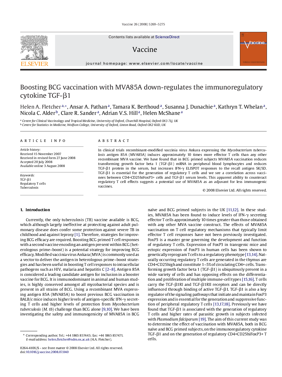 Boosting BCG vaccination with MVA85A down-regulates the immunoregulatory cytokine TGF-Î²1