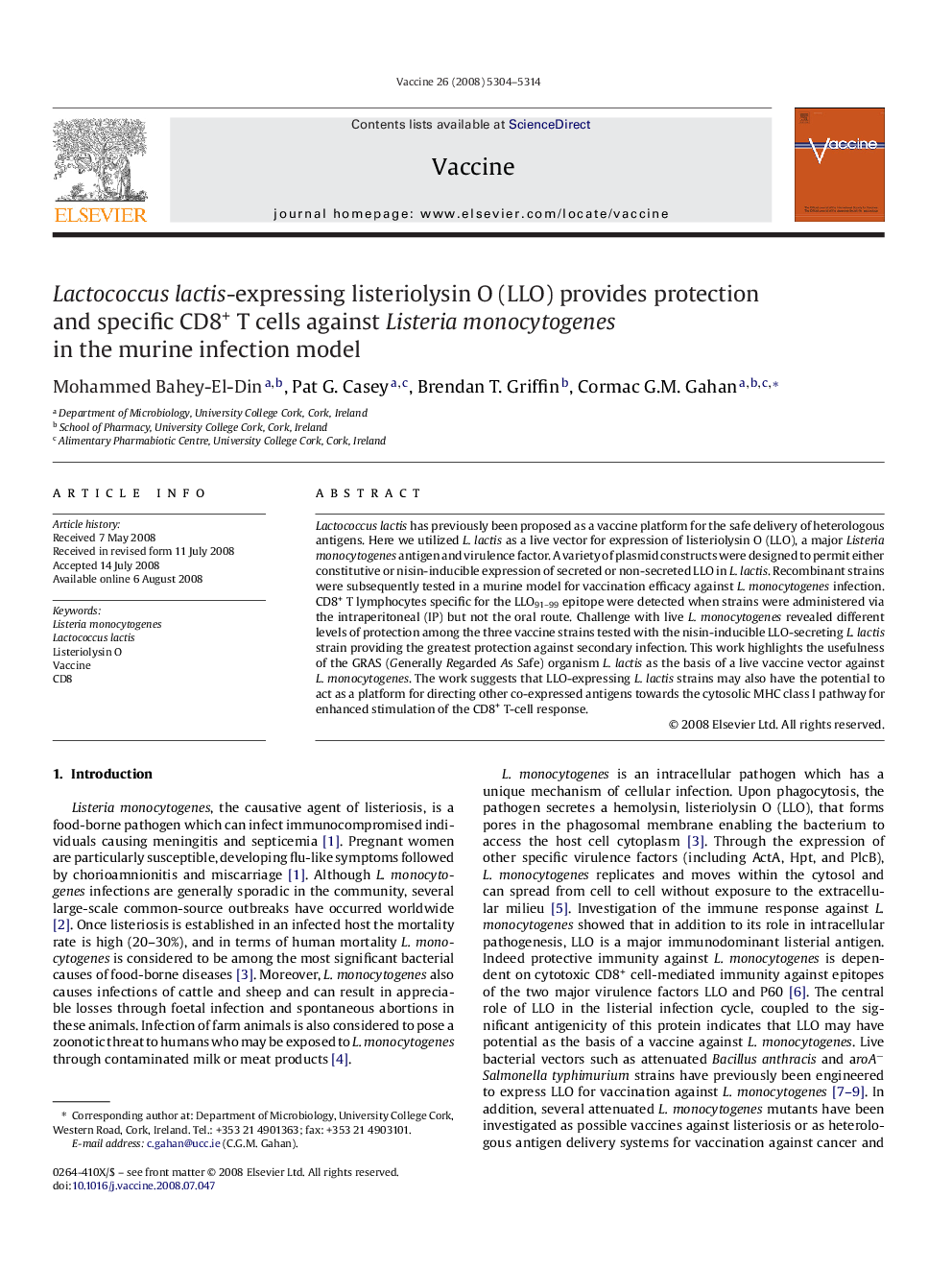 Lactococcus lactis-expressing listeriolysin O (LLO) provides protection and specific CD8+ T cells against Listeria monocytogenes in the murine infection model