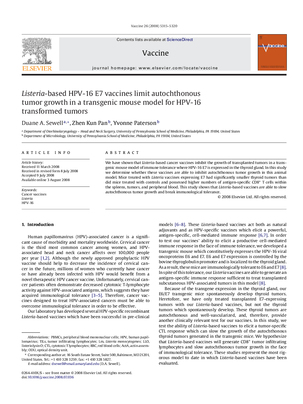 Listeria-based HPV-16 E7 vaccines limit autochthonous tumor growth in a transgenic mouse model for HPV-16 transformed tumors