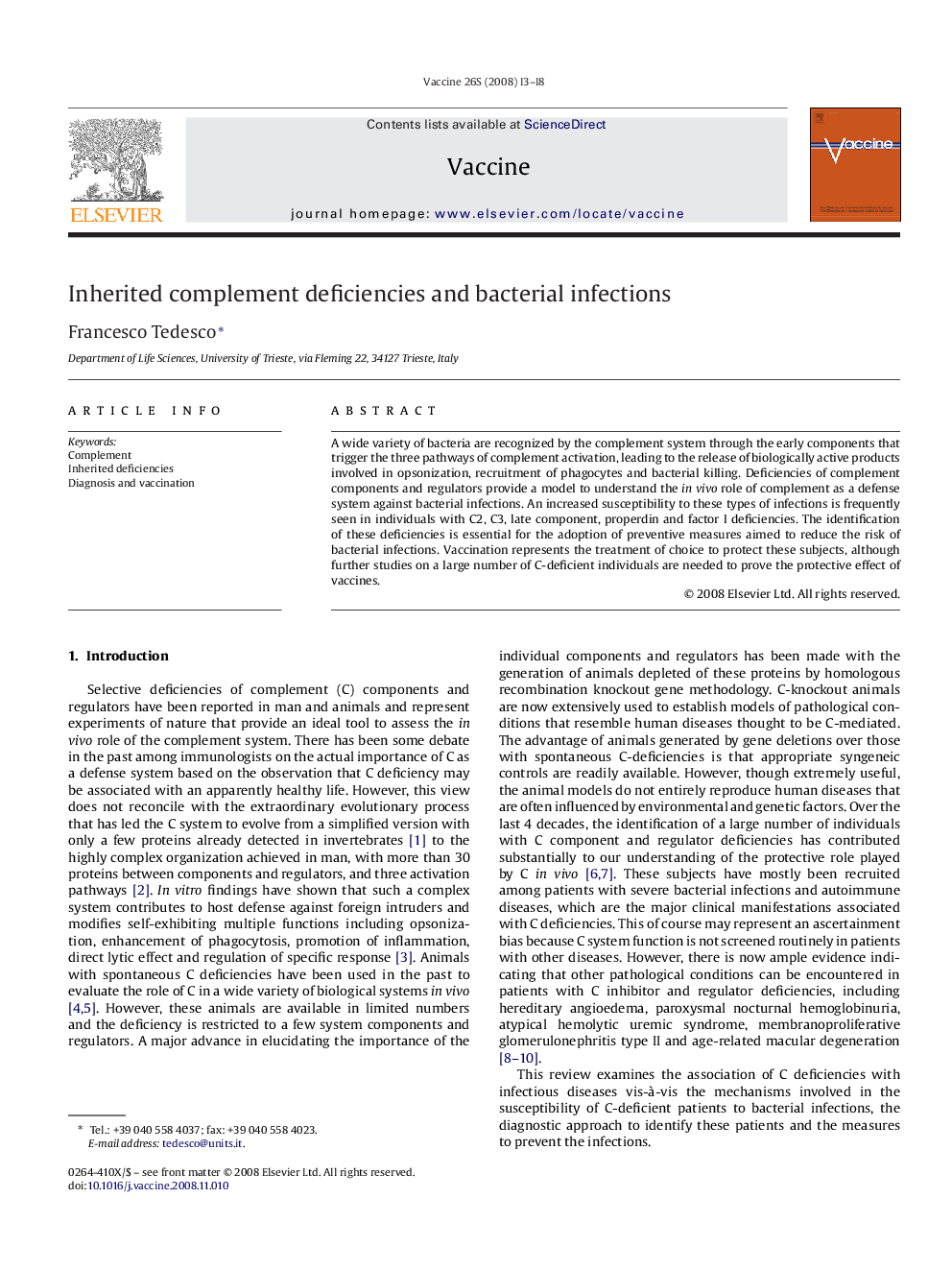 Inherited complement deficiencies and bacterial infections