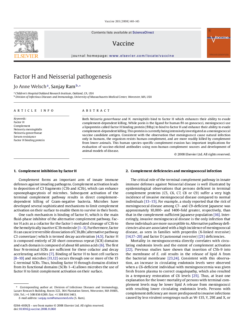 Factor H and Neisserial pathogenesis