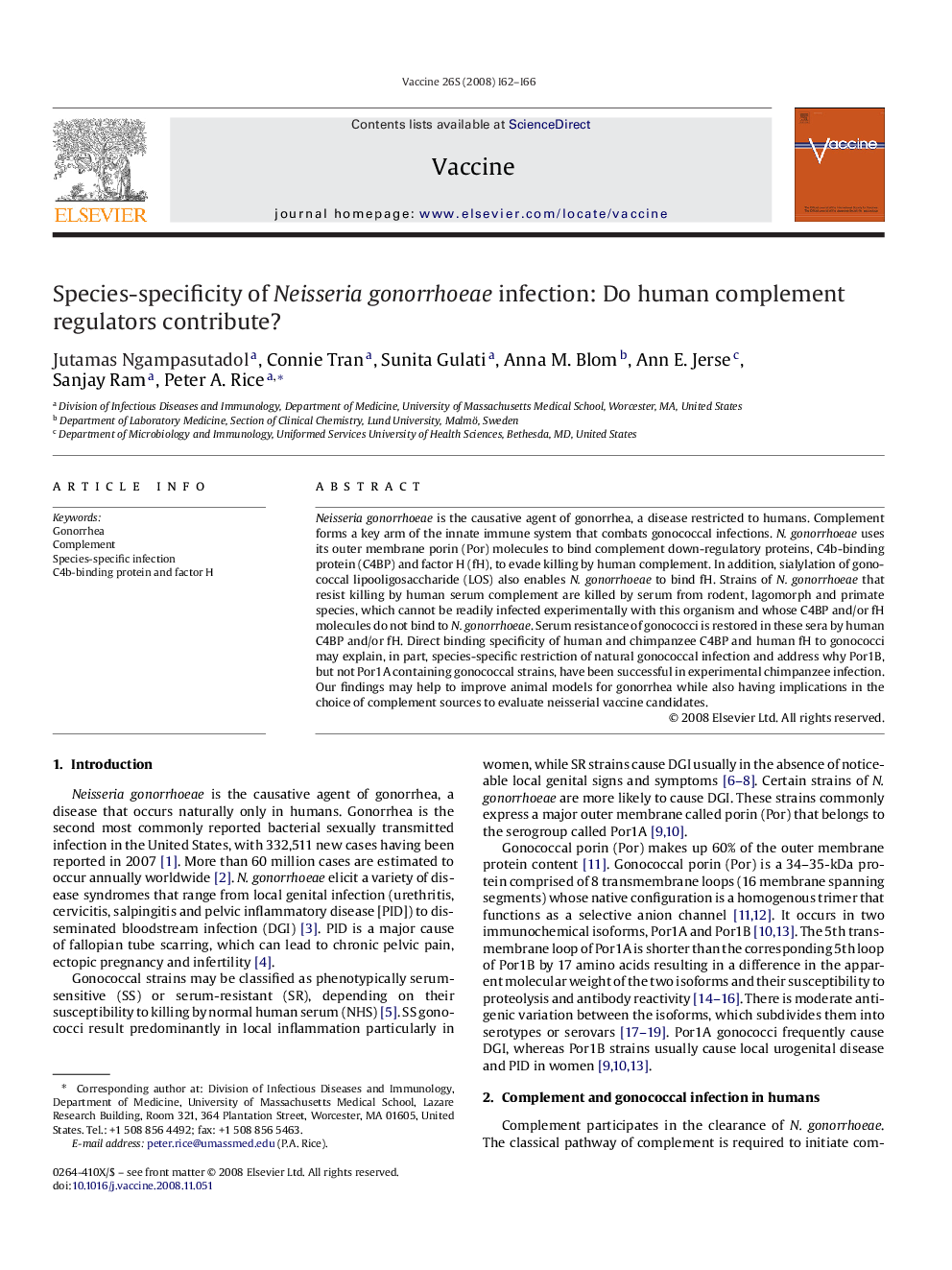 Species-specificity of Neisseria gonorrhoeae infection: Do human complement regulators contribute?