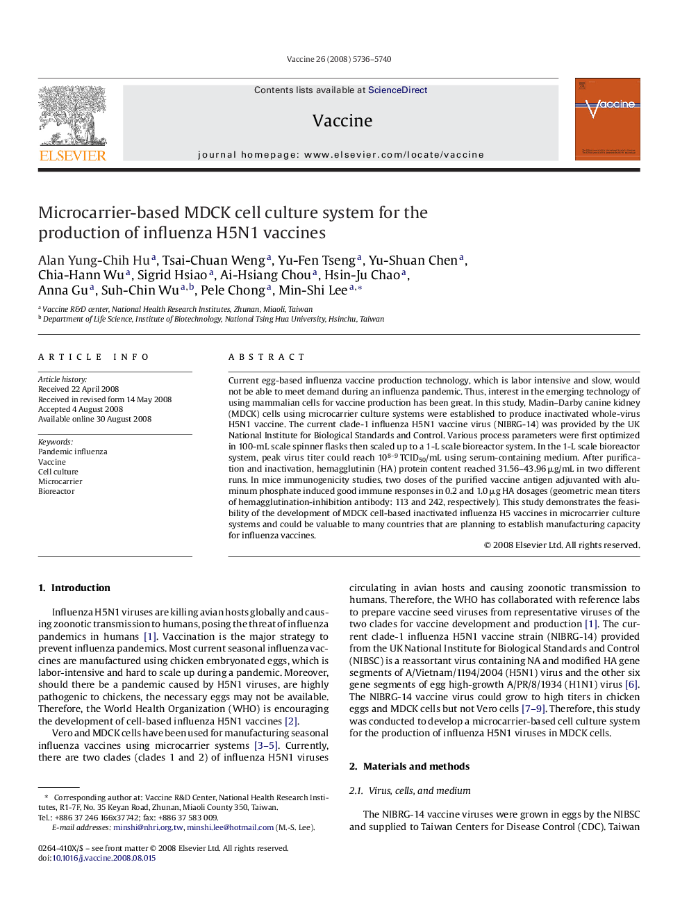 Microcarrier-based MDCK cell culture system for the production of influenza H5N1 vaccines