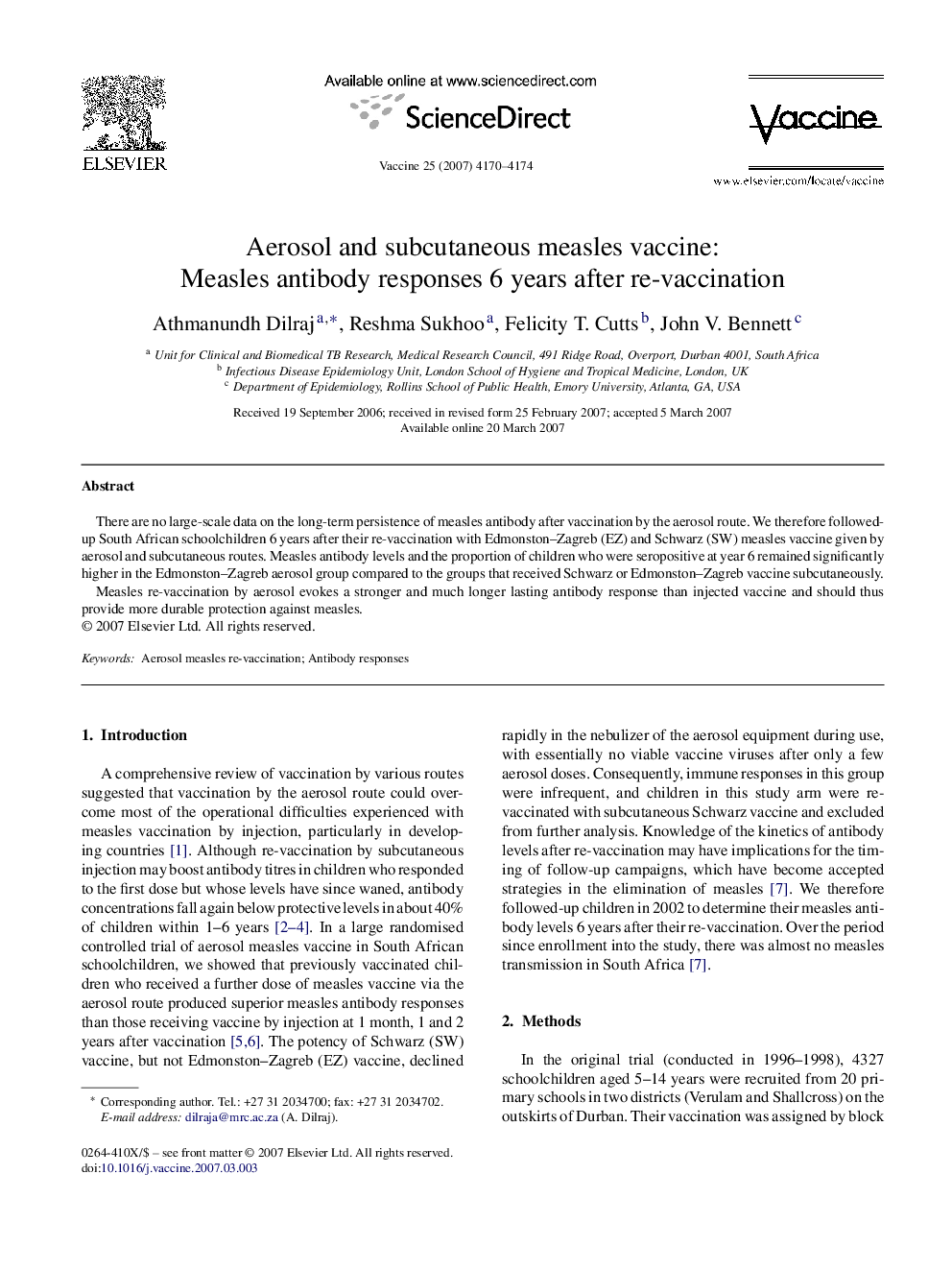 Aerosol and subcutaneous measles vaccine: Measles antibody responses 6 years after re-vaccination