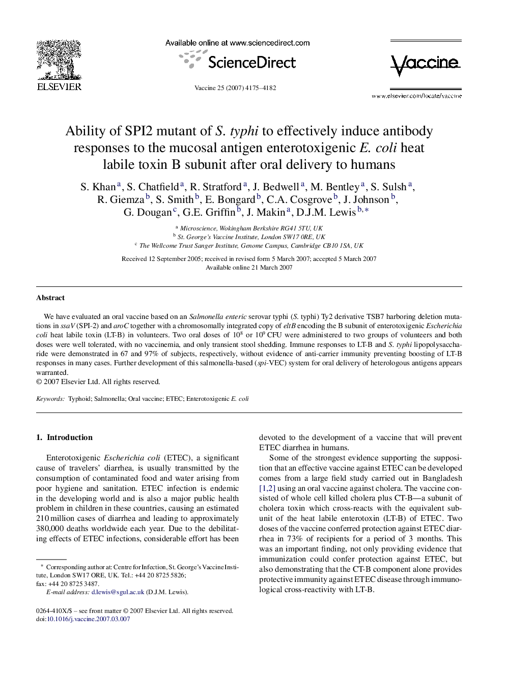 Ability of SPI2 mutant of S. typhi to effectively induce antibody responses to the mucosal antigen enterotoxigenic E. coli heat labile toxin B subunit after oral delivery to humans