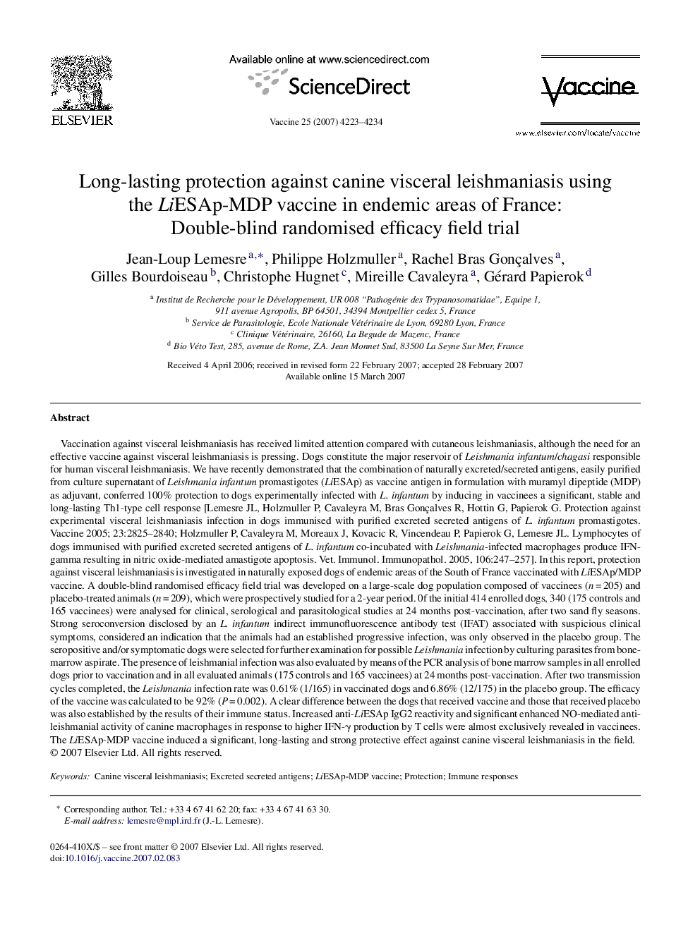 Long-lasting protection against canine visceral leishmaniasis using the LiESAp-MDP vaccine in endemic areas of France: Double-blind randomised efficacy field trial