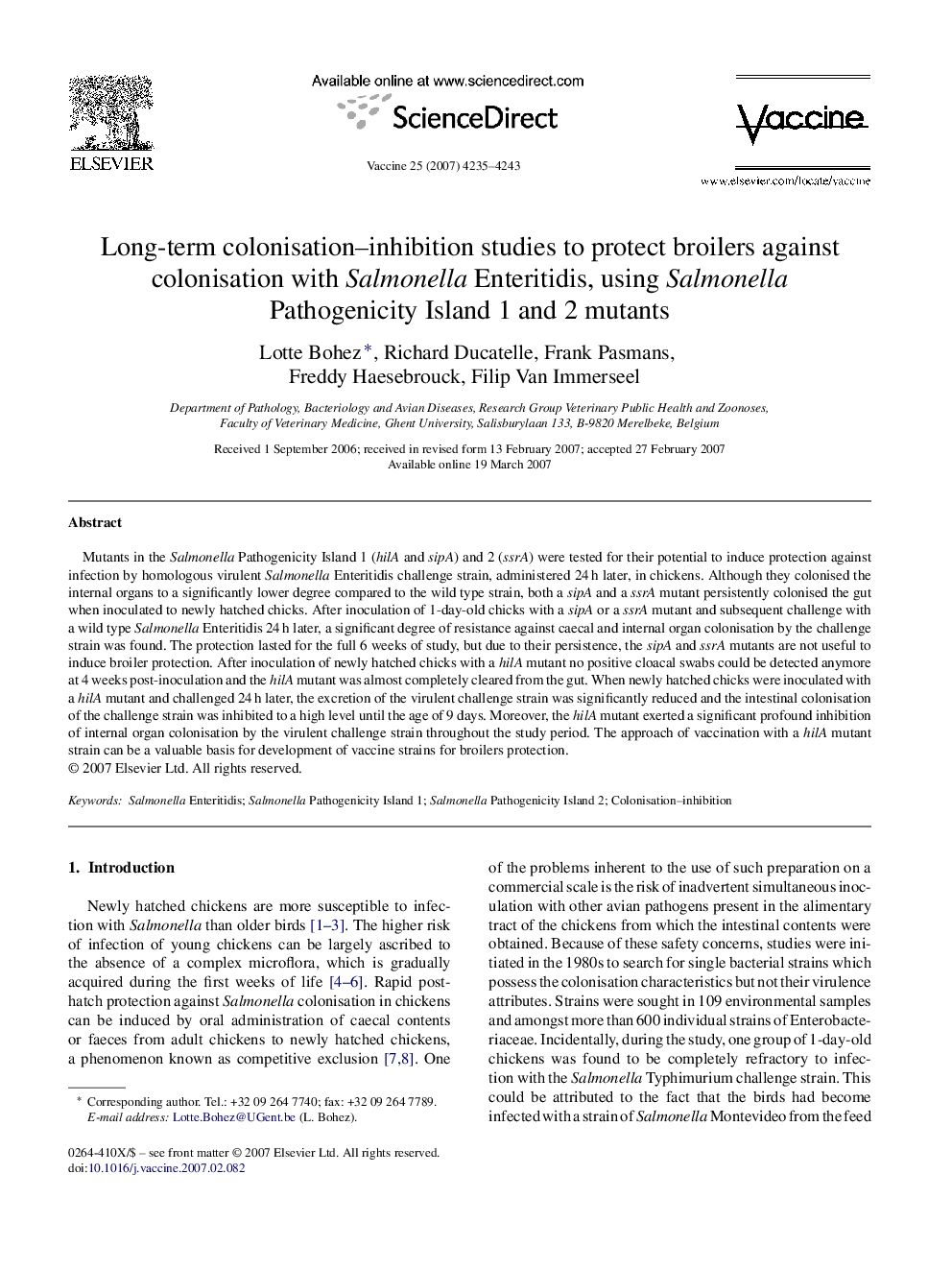 Long-term colonisation-inhibition studies to protect broilers against colonisation with Salmonella Enteritidis, using Salmonella Pathogenicity Island 1 and 2 mutants