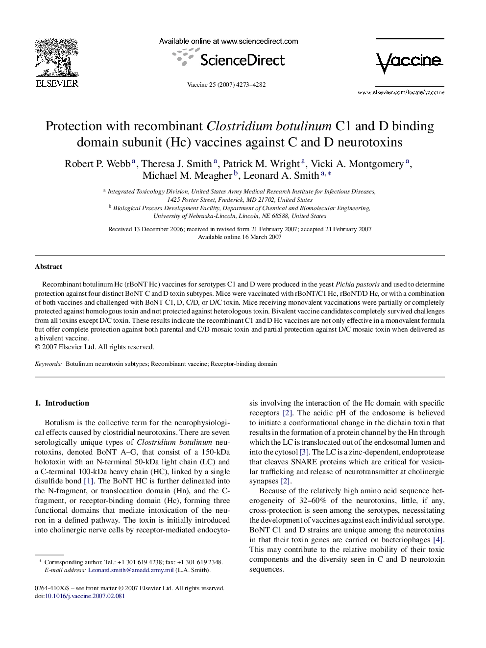 Protection with recombinant Clostridium botulinum C1 and D binding domain subunit (Hc) vaccines against C and D neurotoxins