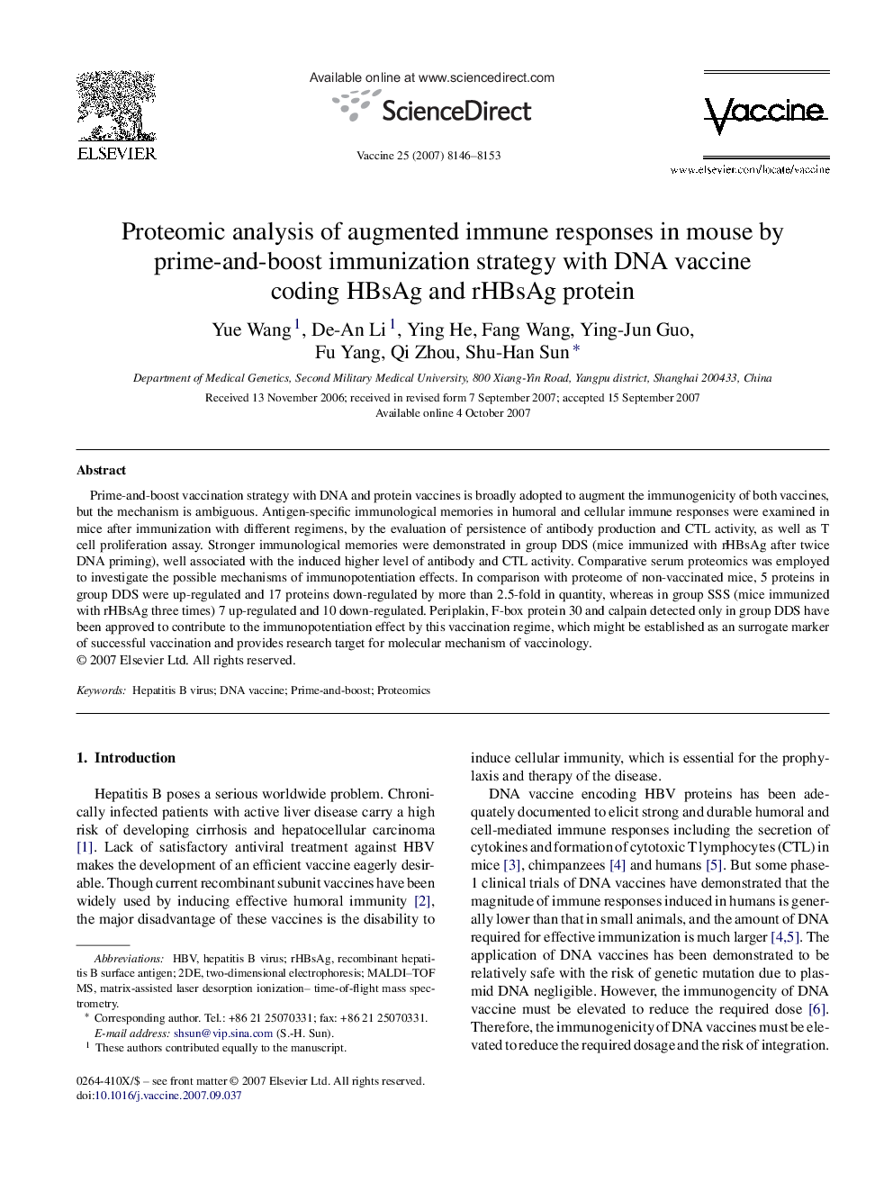 Proteomic analysis of augmented immune responses in mouse by prime-and-boost immunization strategy with DNA vaccine coding HBsAg and rHBsAg protein