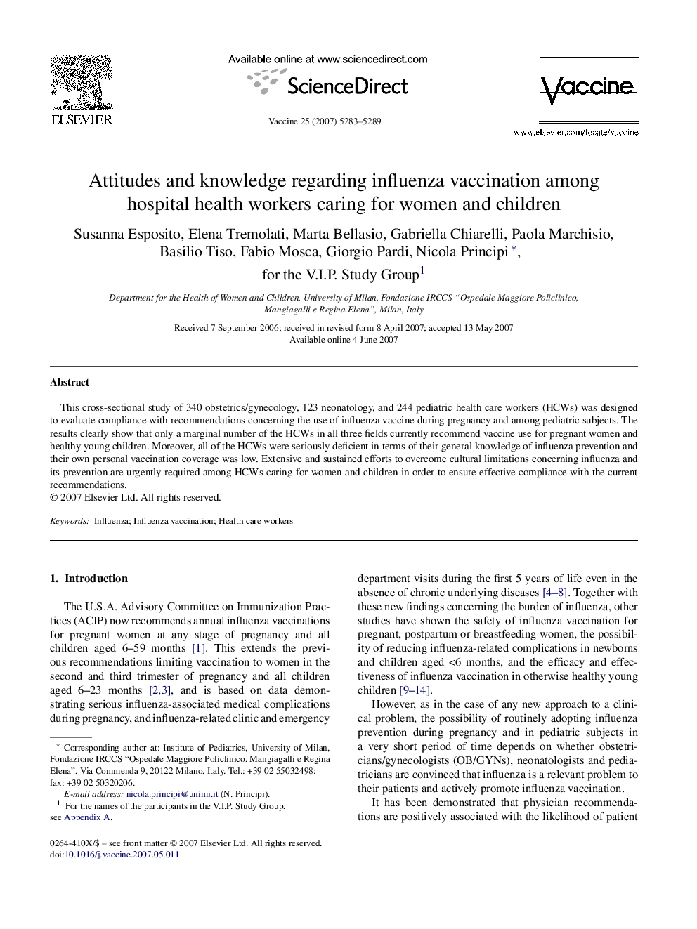 Attitudes and knowledge regarding influenza vaccination among hospital health workers caring for women and children