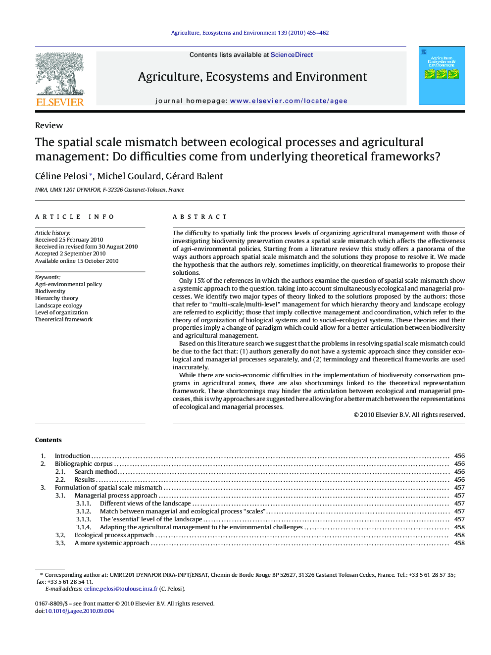 The spatial scale mismatch between ecological processes and agricultural management: Do difficulties come from underlying theoretical frameworks?