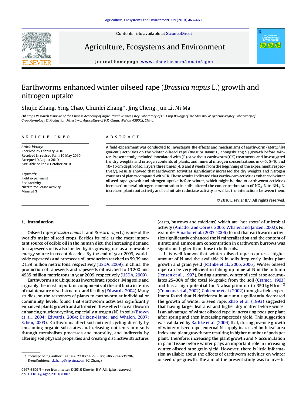 Earthworms enhanced winter oilseed rape (Brassica napus L.) growth and nitrogen uptake