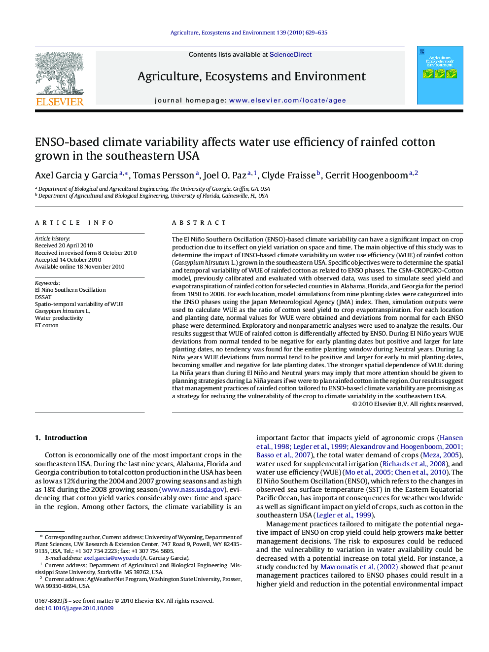 ENSO-based climate variability affects water use efficiency of rainfed cotton grown in the southeastern USA