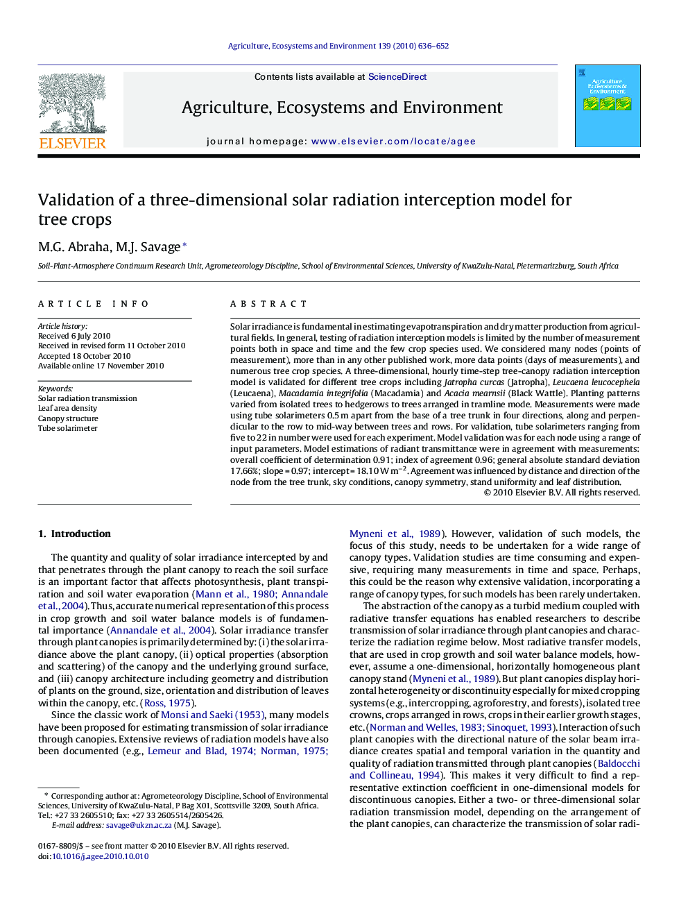 Validation of a three-dimensional solar radiation interception model for tree crops