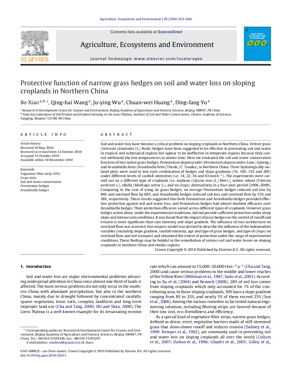 Protective function of narrow grass hedges on soil and water loss on sloping croplands in Northern China