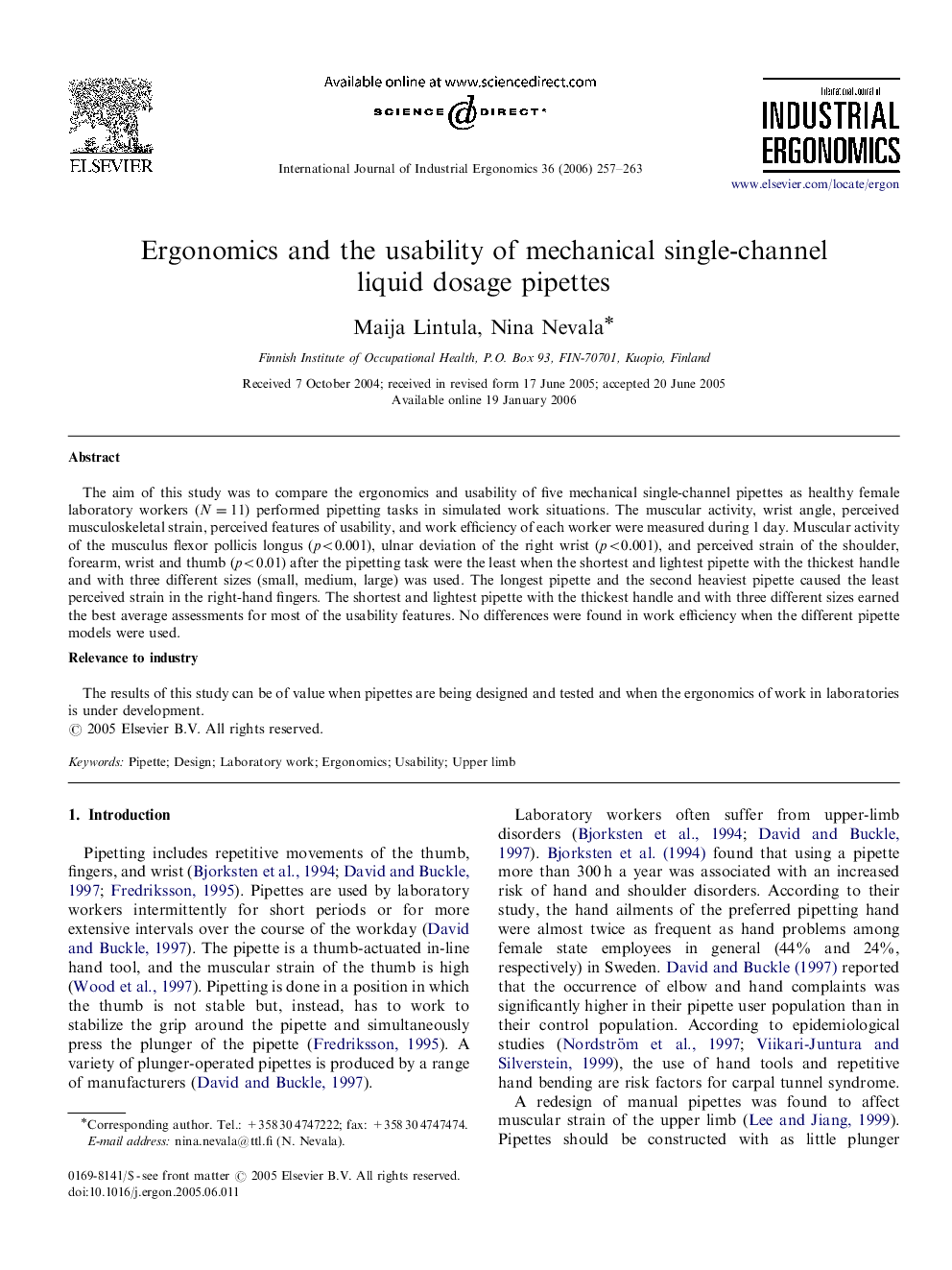 Ergonomics and the usability of mechanical single-channel liquid dosage pipettes