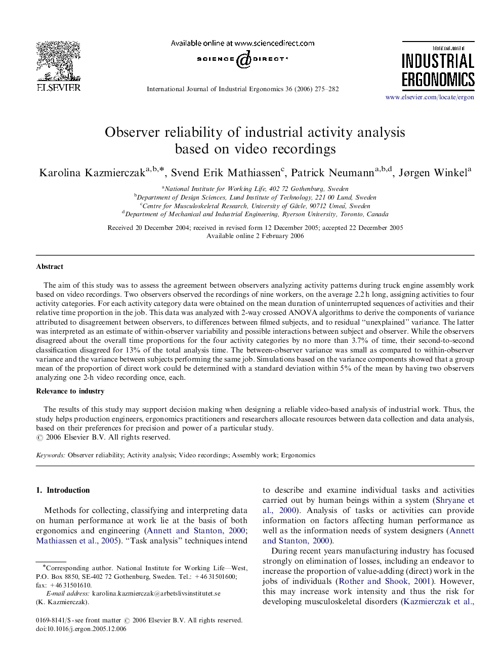 Observer reliability of industrial activity analysis based on video recordings