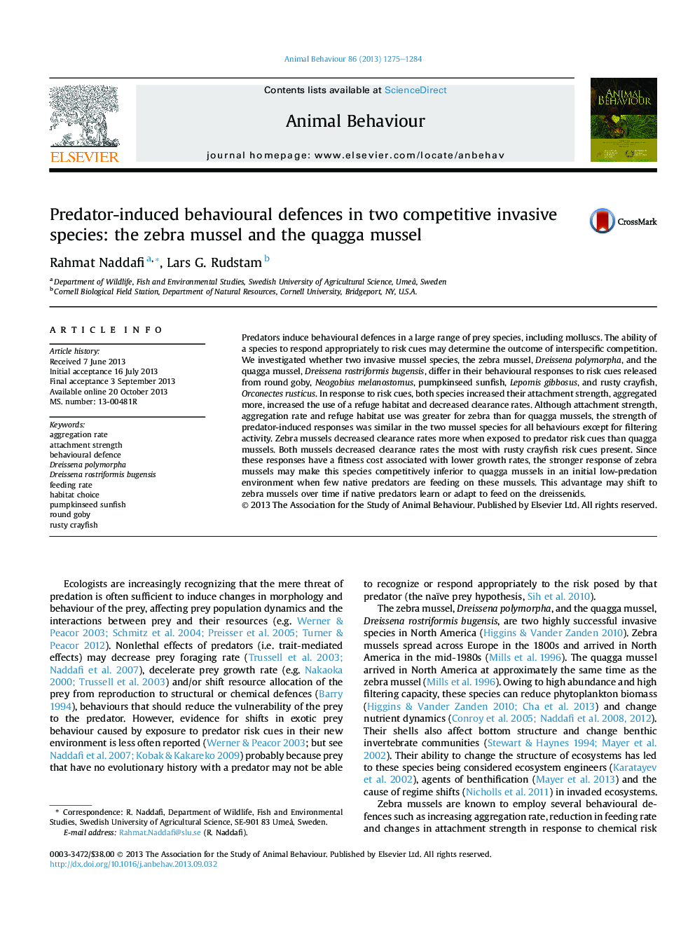 Predator-induced behavioural defences in two competitive invasive species: the zebra mussel and the quagga mussel