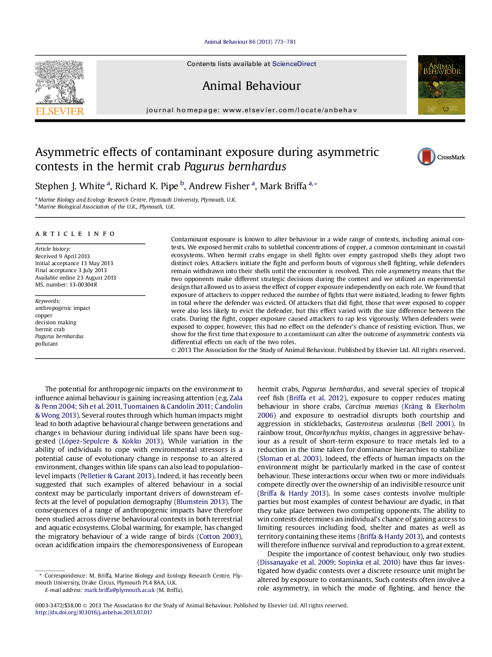 Asymmetric effects of contaminant exposure during asymmetric contests in the hermit crab Pagurus bernhardus