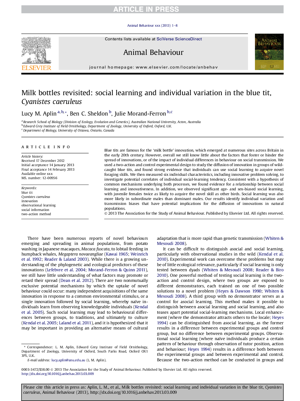 Milk bottles revisited: social learning and individual variation in the blue tit, Cyanistes caeruleus