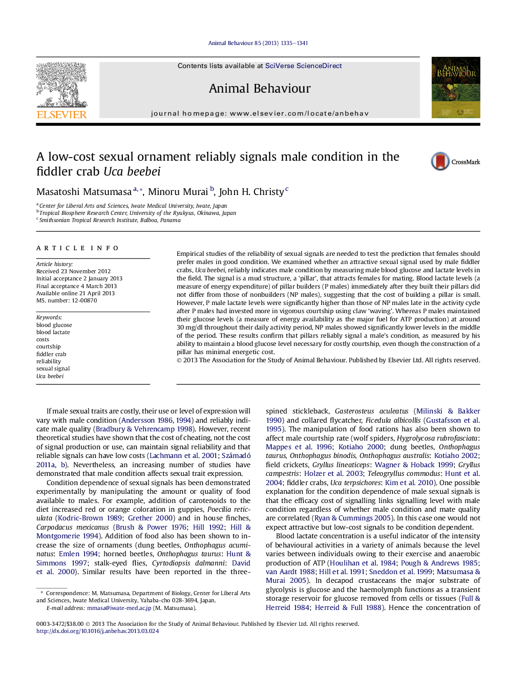 A low-cost sexual ornament reliably signals male condition in the fiddler crab Uca beebei