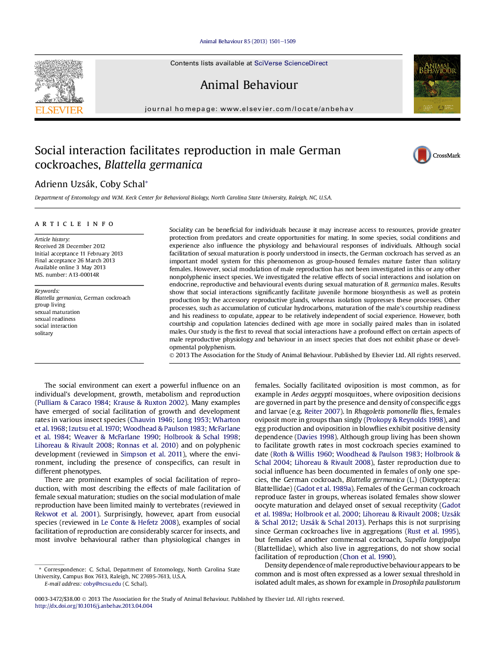 Social interaction facilitates reproduction in male German cockroaches, Blattella germanica