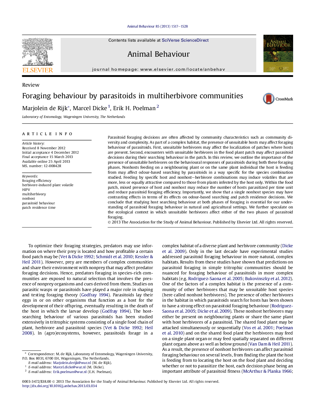 Foraging behaviour by parasitoids in multiherbivore communities