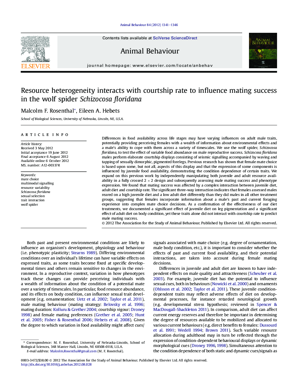 Resource heterogeneity interacts with courtship rate to influence mating success in the wolf spider Schizocosa floridana