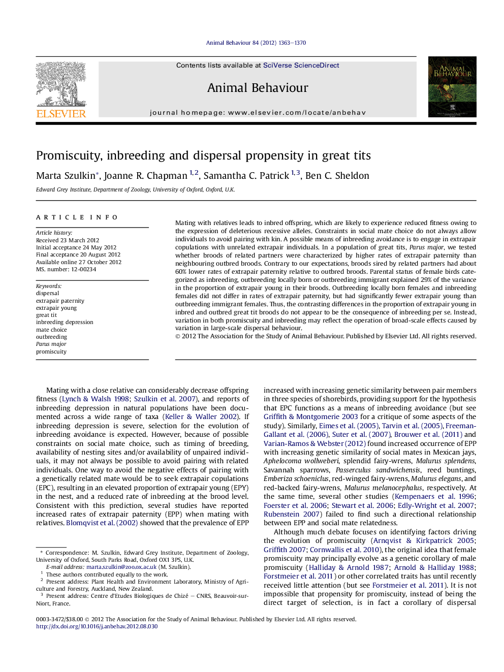 Promiscuity, inbreeding and dispersal propensity in great tits