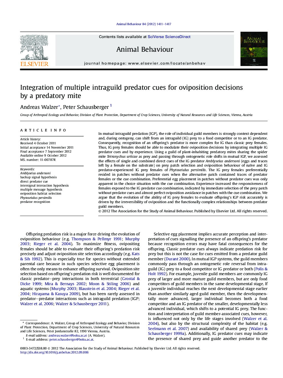 Integration of multiple intraguild predator cues for oviposition decisions by a predatory mite