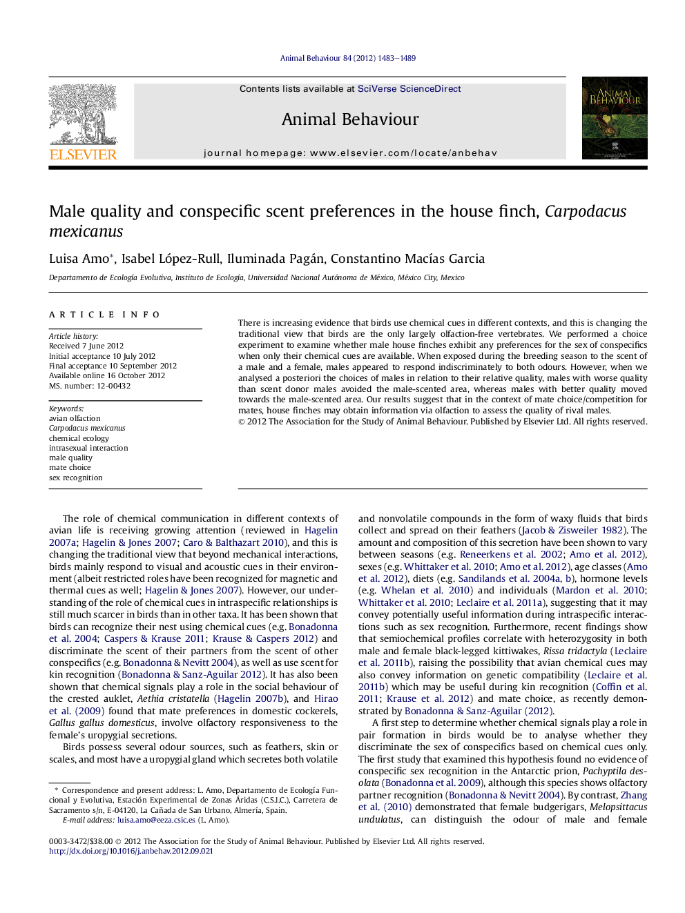 Male quality and conspecific scent preferences in the house finch, Carpodacus mexicanus