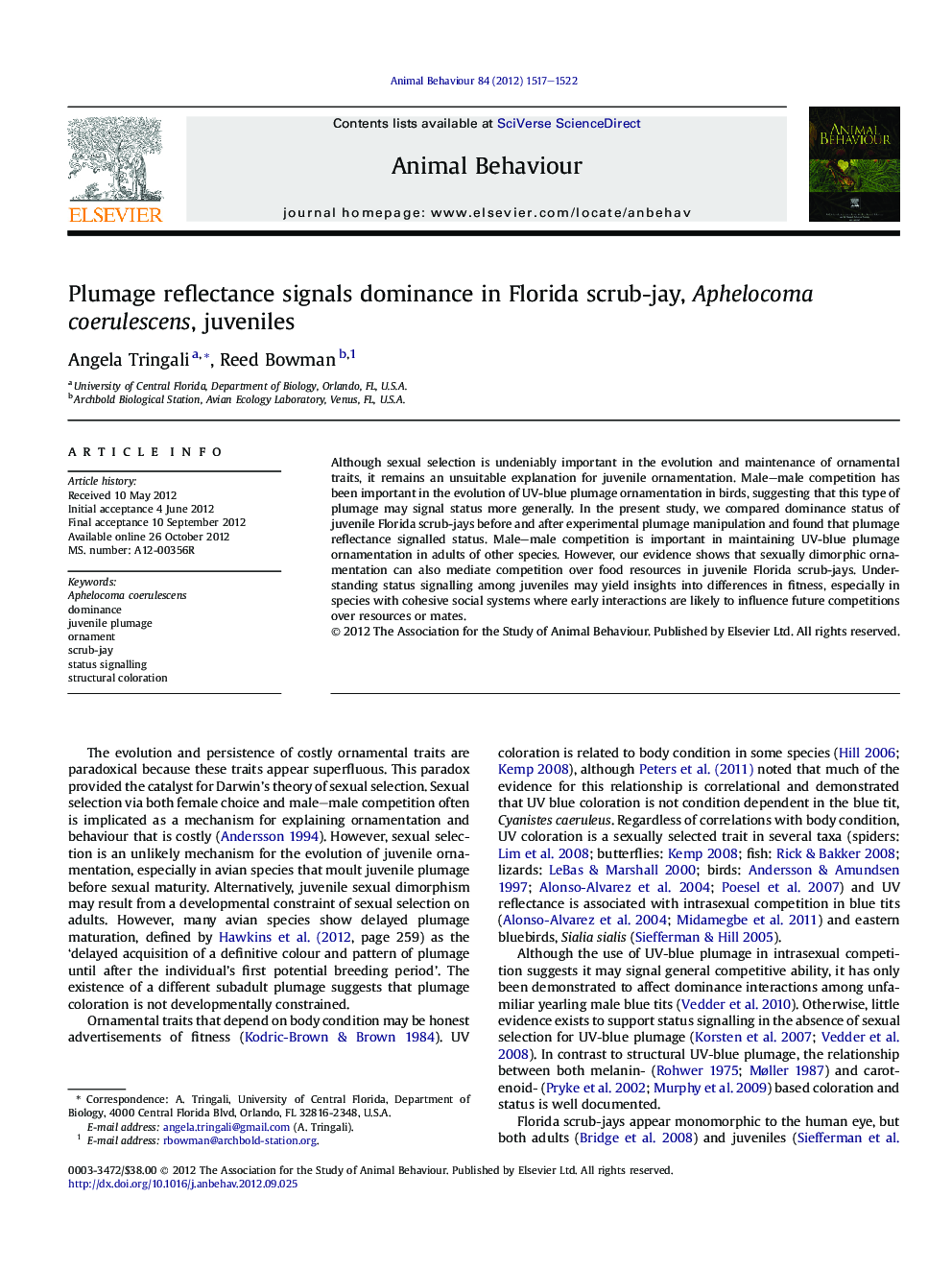 Plumage reflectance signals dominance in Florida scrub-jay, Aphelocoma coerulescens, juveniles