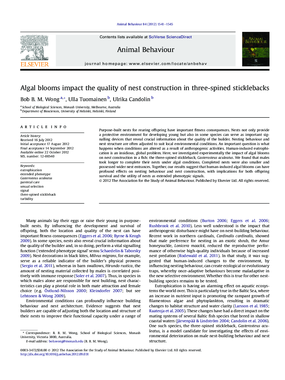 Algal blooms impact the quality of nest construction in three-spined sticklebacks