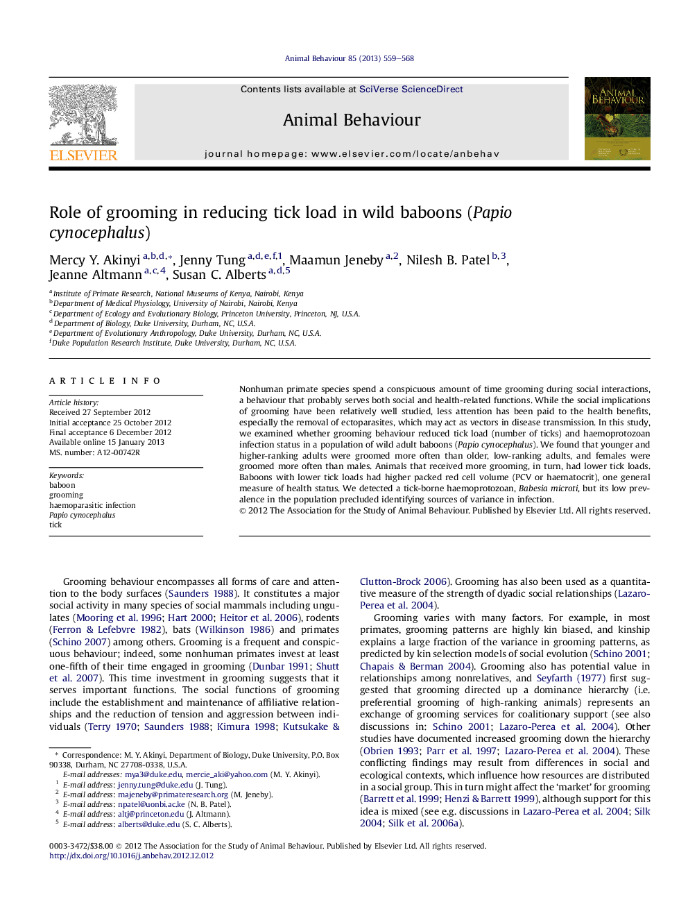 Role of grooming in reducing tick load in wild baboons (Papio cynocephalus)