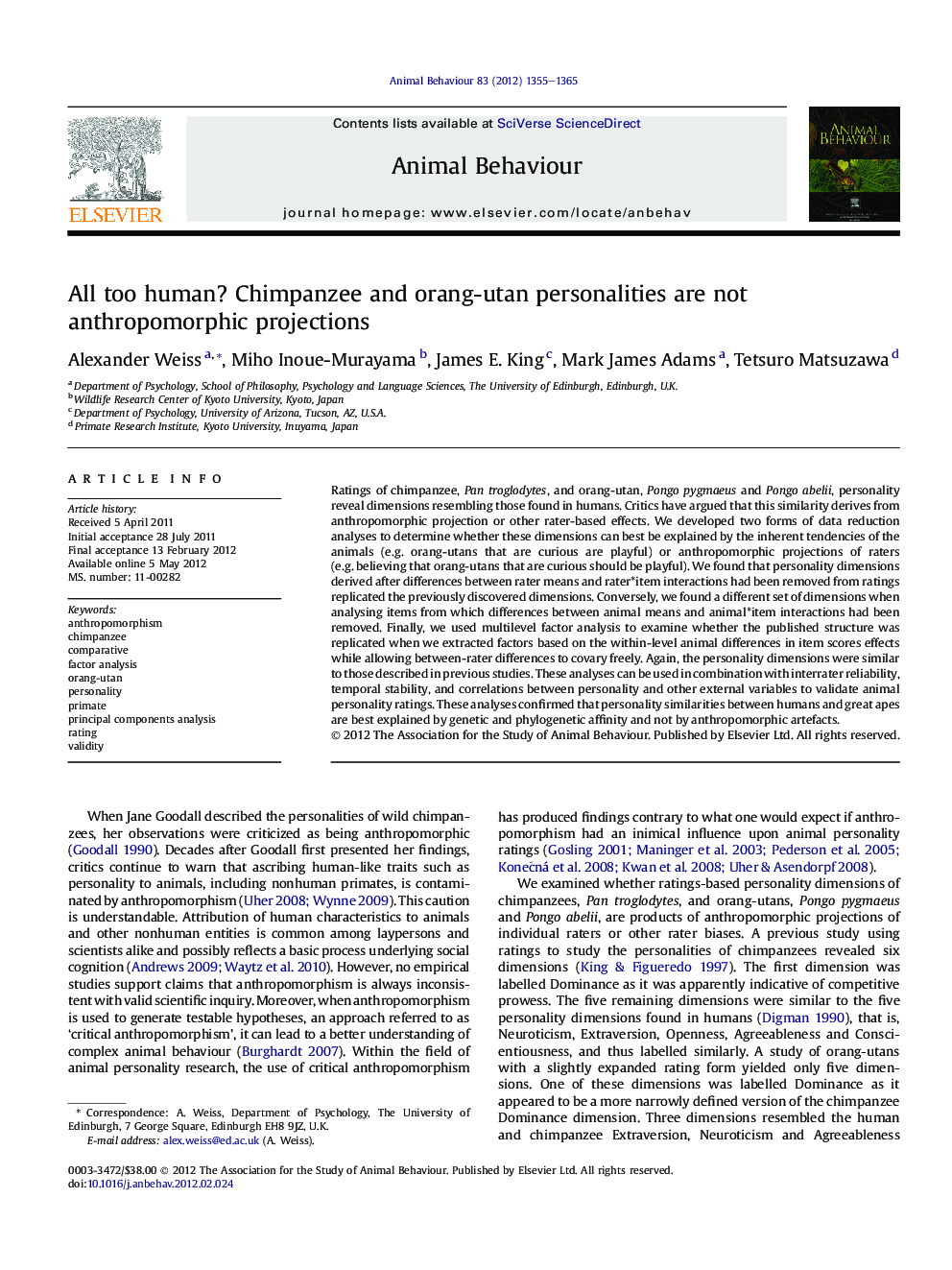 All too human? Chimpanzee and orang-utan personalities are not anthropomorphic projections