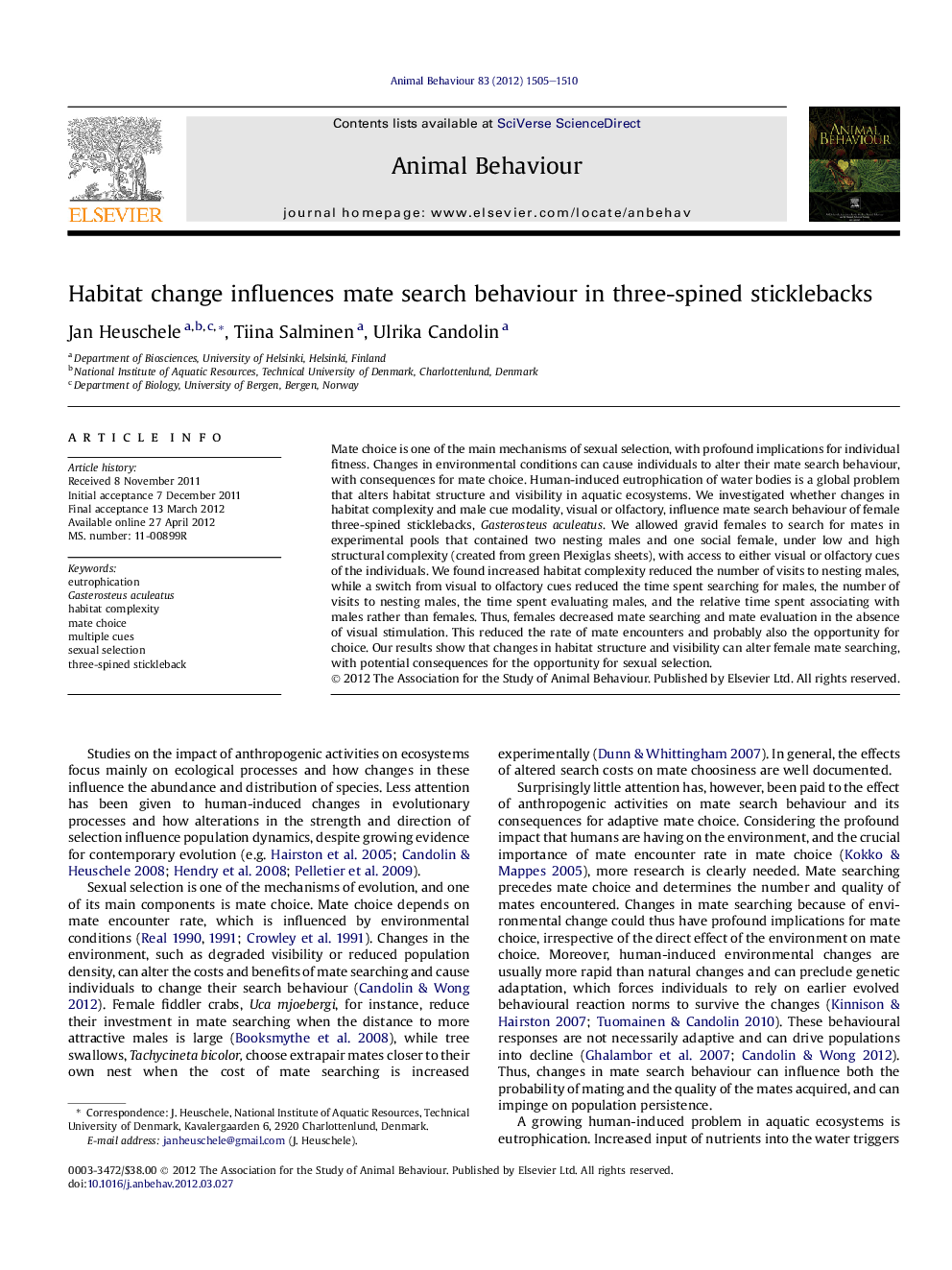 Habitat change influences mate search behaviour in three-spined sticklebacks