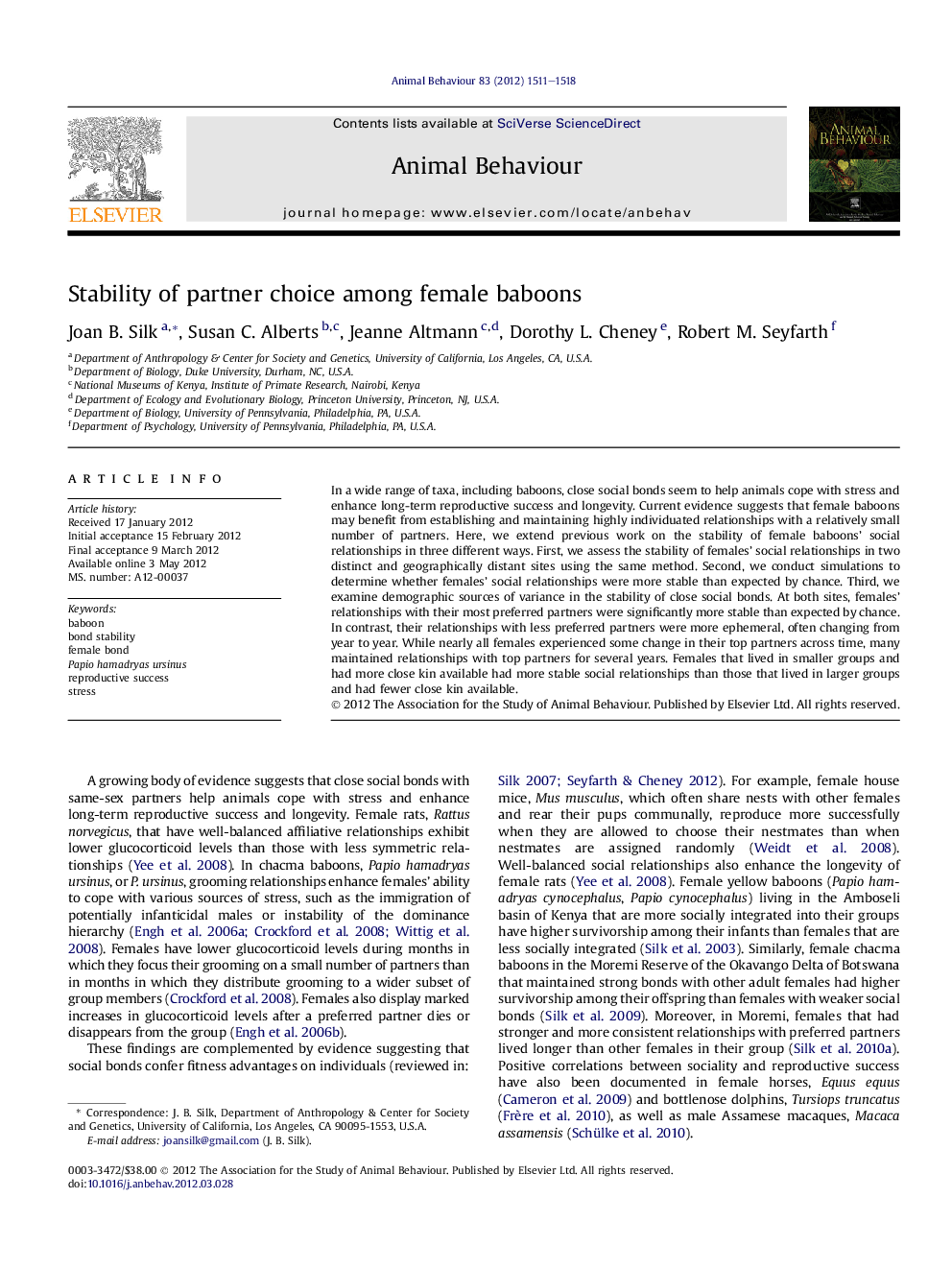 Stability of partner choice among female baboons