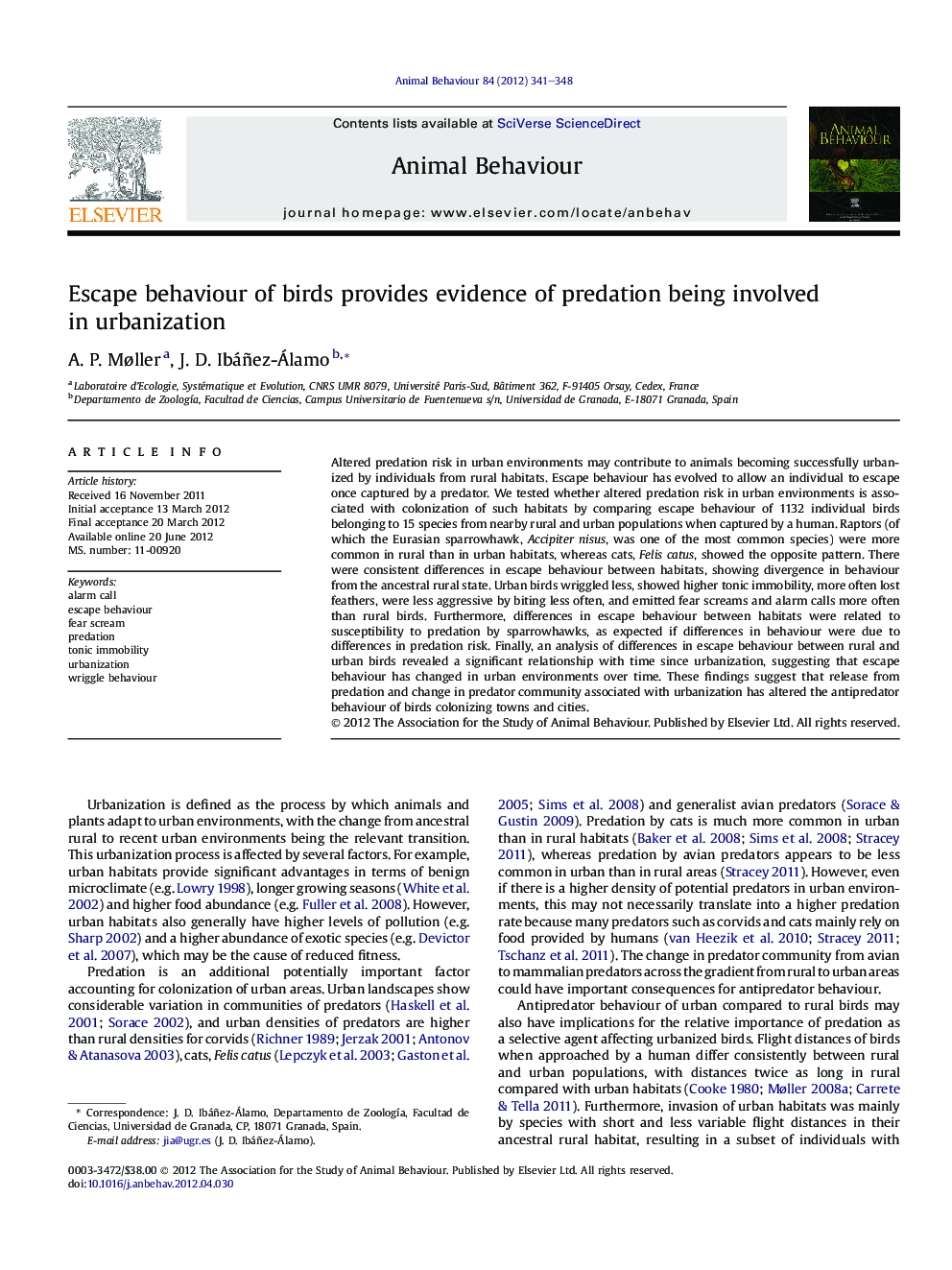 Escape behaviour of birds provides evidence of predation being involved in urbanization