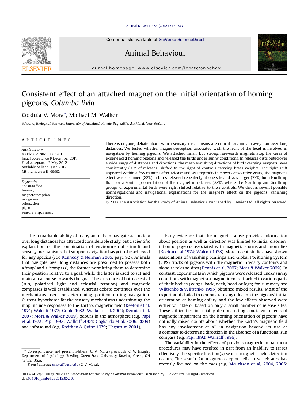 Consistent effect of an attached magnet on the initial orientation of homing pigeons, Columba livia