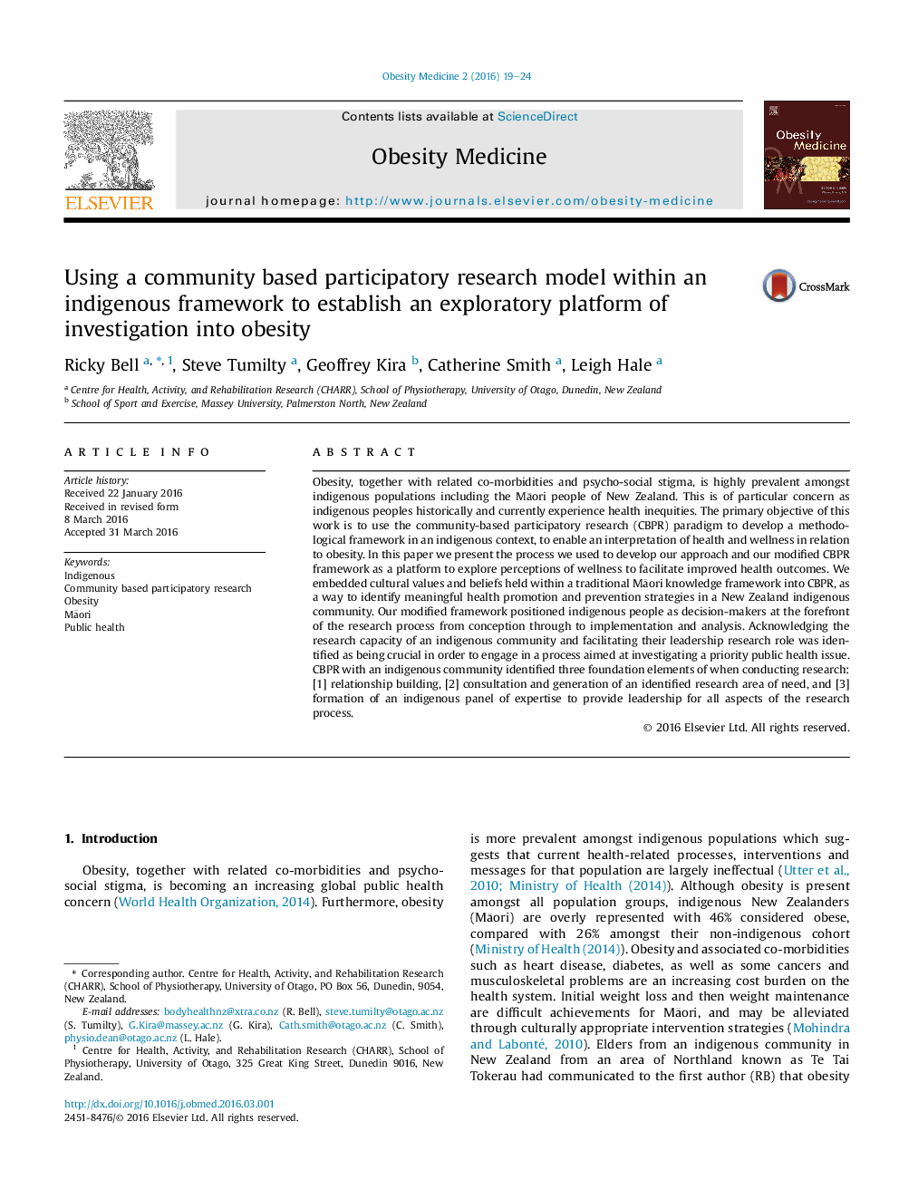 Using a community based participatory research model within an indigenous framework to establish an exploratory platform of investigation into obesity