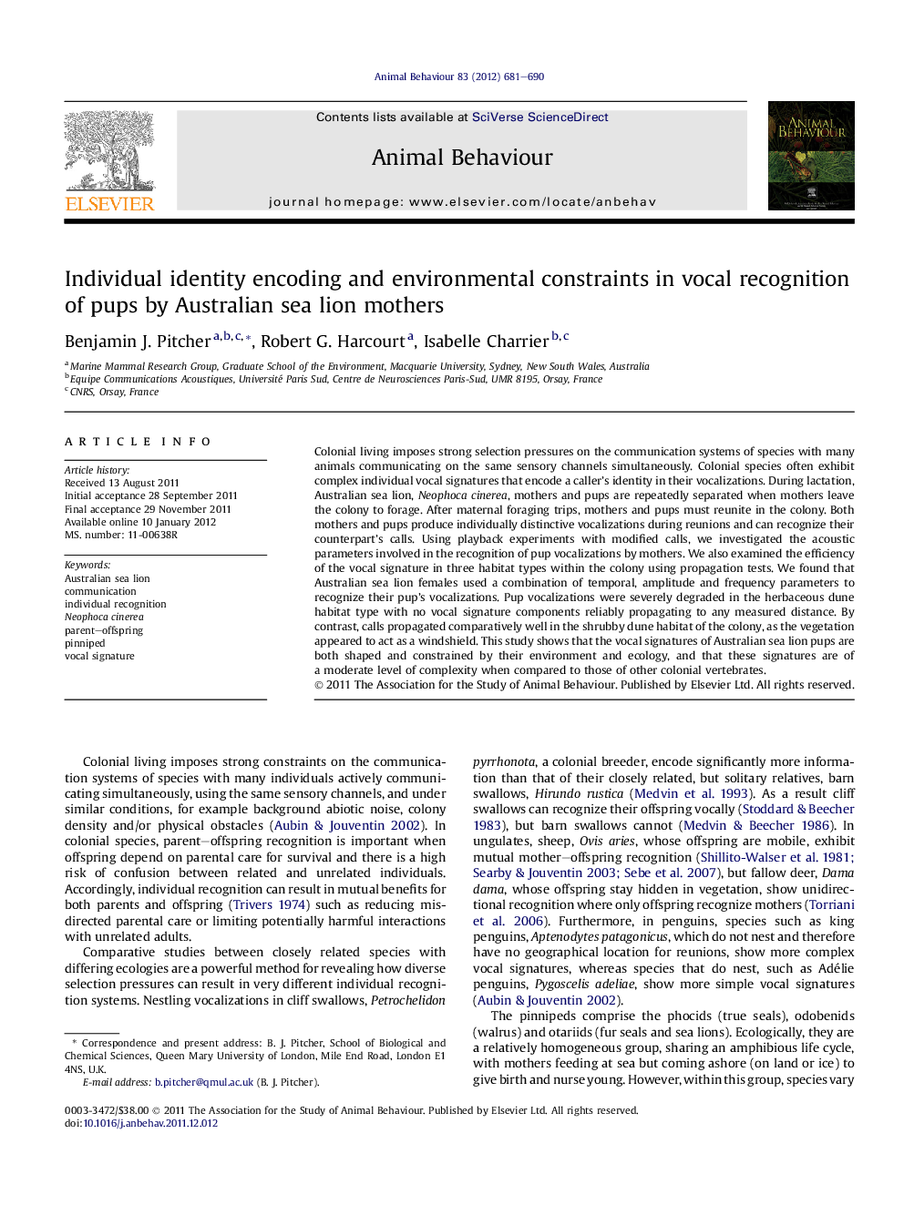 Individual identity encoding and environmental constraints in vocal recognition of pups by Australian sea lion mothers