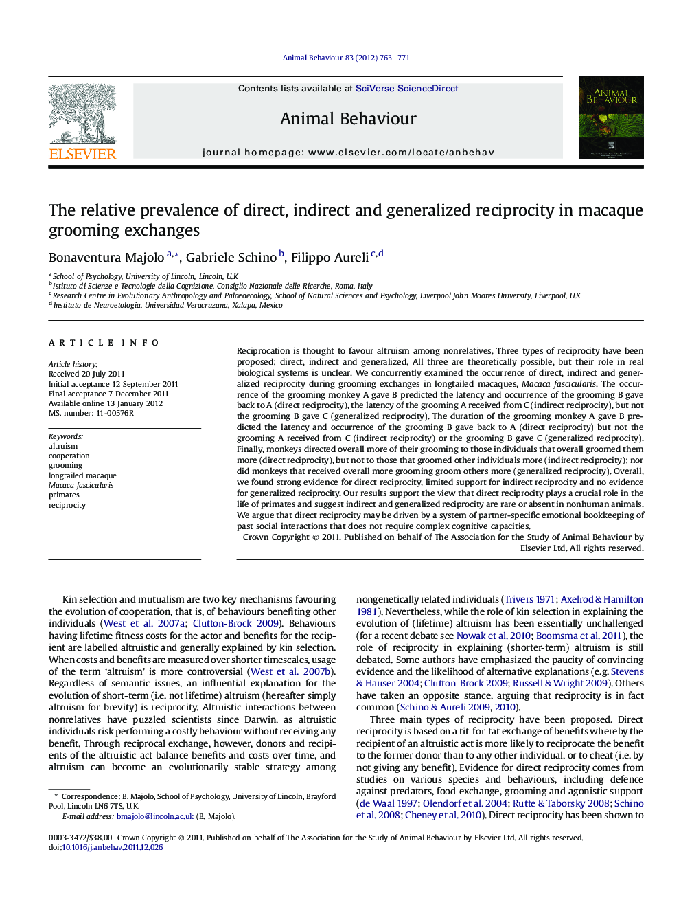 The relative prevalence of direct, indirect and generalized reciprocity in macaque grooming exchanges