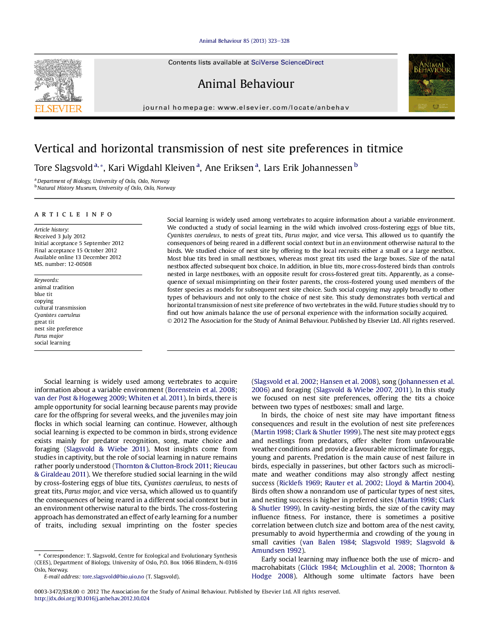 Vertical and horizontal transmission of nest site preferences in titmice