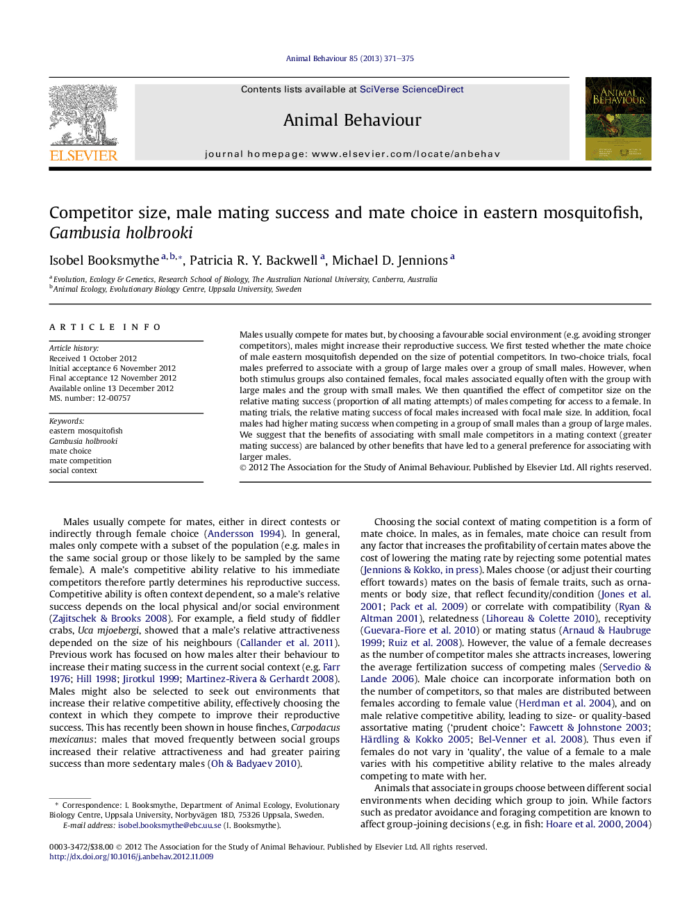 Competitor size, male mating success and mate choice in eastern mosquitofish, Gambusia holbrooki