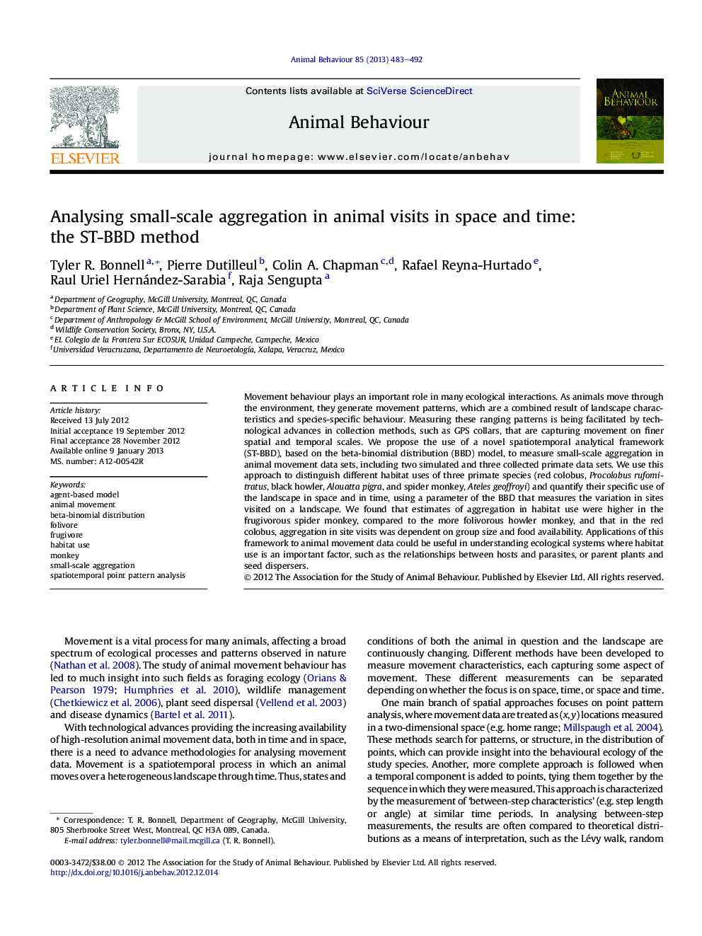 Analysing small-scale aggregation in animal visits in space and time: the ST-BBD method