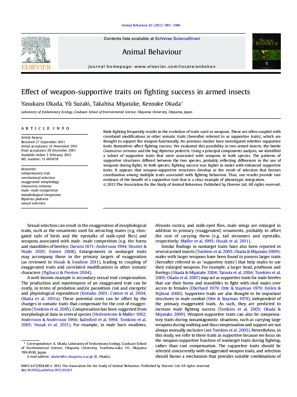 Effect of weapon-supportive traits on fighting success in armed insects