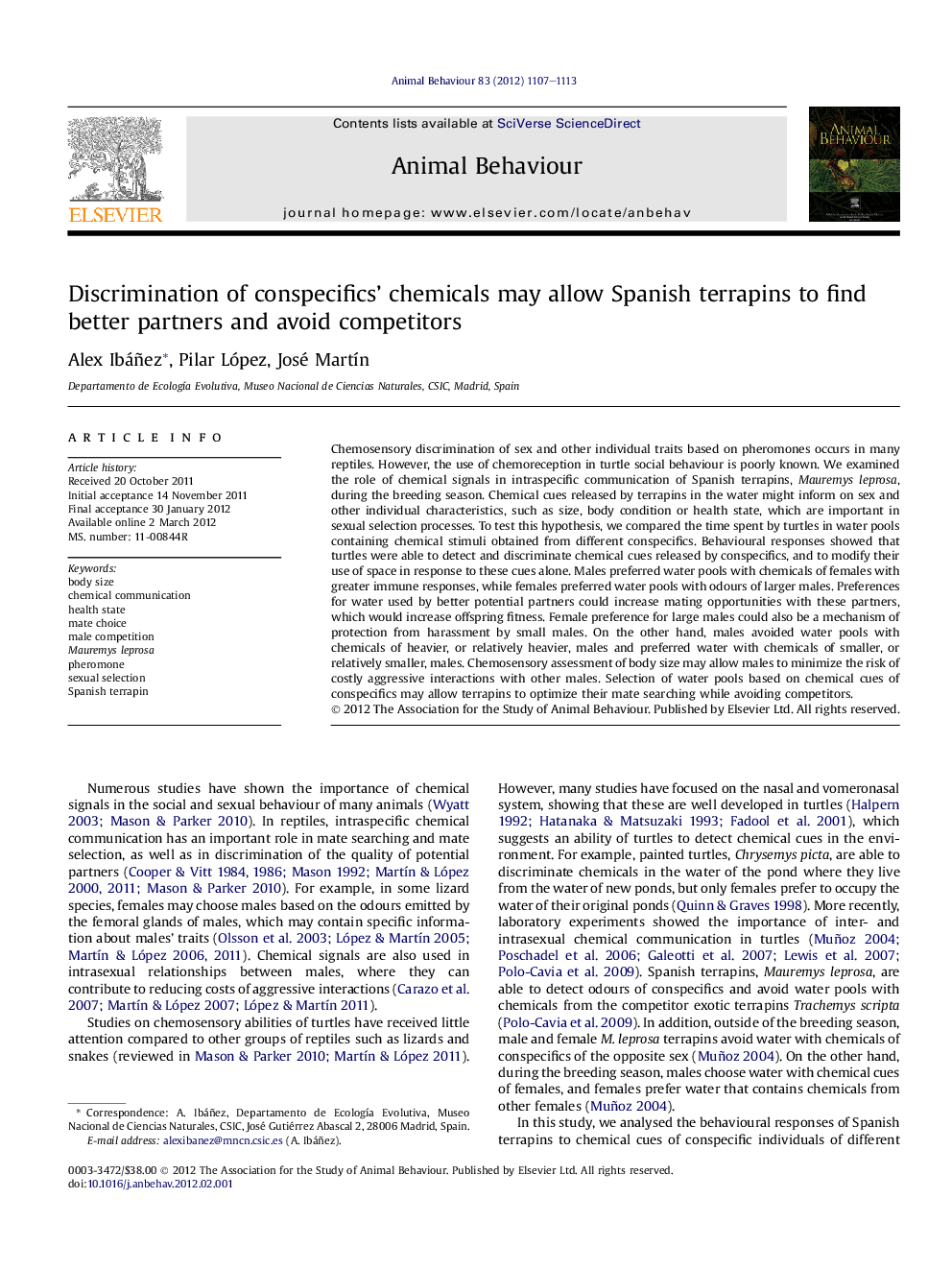 Discrimination of conspecifics' chemicals may allow Spanish terrapins to find better partners and avoid competitors