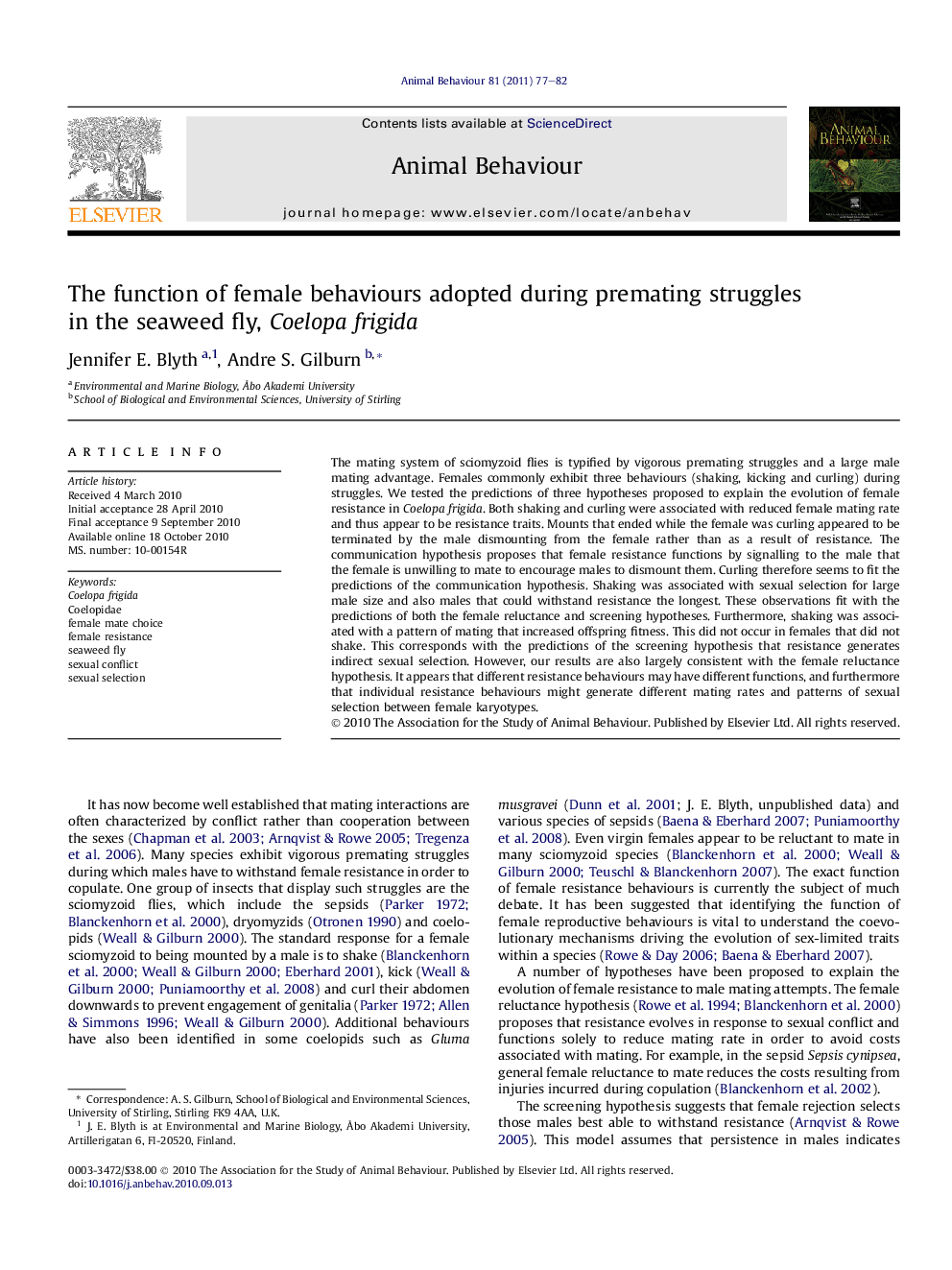 The function of female behaviours adopted during premating struggles in the seaweed fly, Coelopa frigida